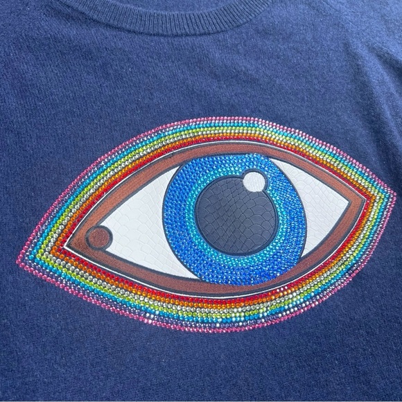 Minnie Rose 100% Cashmere Dark Blue Sweater with Evil Eye Gemstone Design Size M - Picture 4 of 11